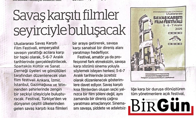 Uluslararası Savaş Karşıtı Film Festivali BirGün&nbsp;Gazetesinde!